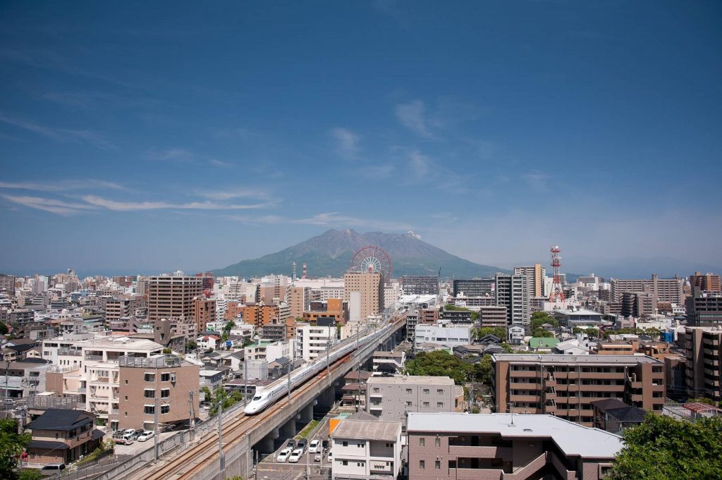 Urban area around the Kagoshima-Chūō Station with Shinkansen